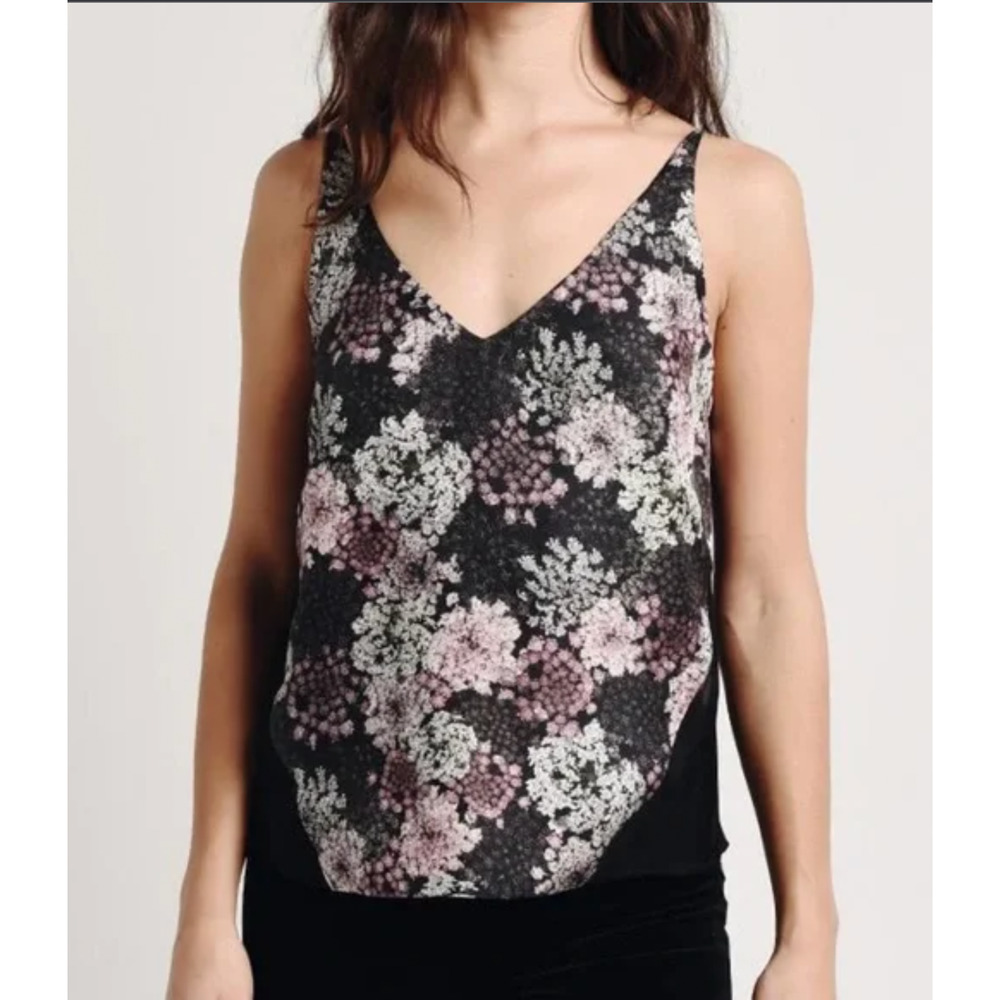 J BRAND Floral Silk Camisole Tank Top Black Pink White Sheer Size‎ M